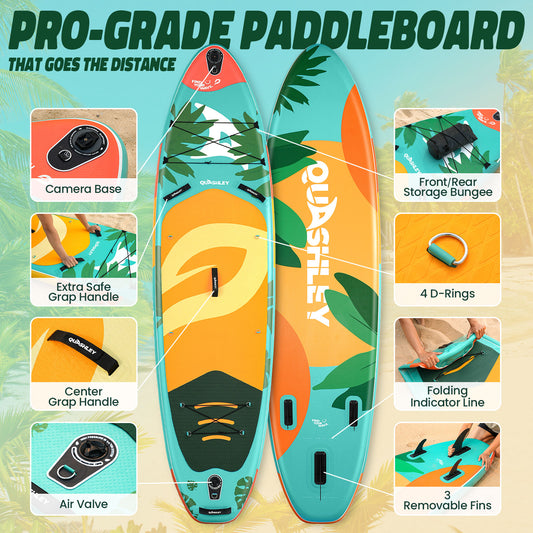 Quashley Colorful Plant Series Inflatable Paddle Board 11'x34"×6" Extra Wider Stand Up Paddle Board Stable Inflatable SUP with 10L Waterproof Bag,Pump,Paddle,3 Removable Fins and Portable Backpack