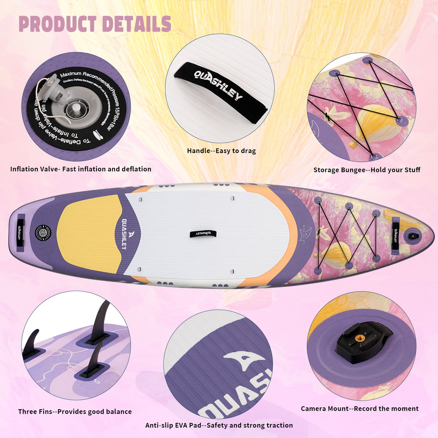 Quashley Inflatable Paddle Board 10.5'×32"×6" Stand Up Paddleboards Inflatable with Premium SUP Accessories,Durable Material and Non-Slip Deck,Removable Paddle Fins