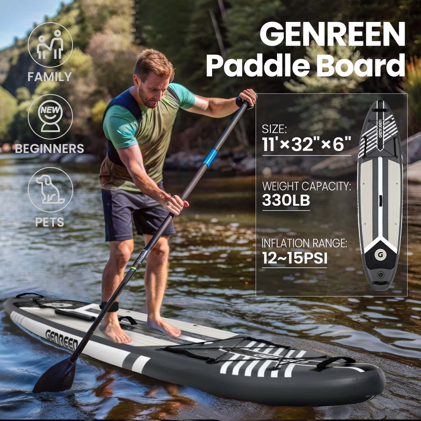 Genreen - Inflatable Stand up Paddle Board 11 ft 6 in Paddle Board with Full SUP Premium Accessories