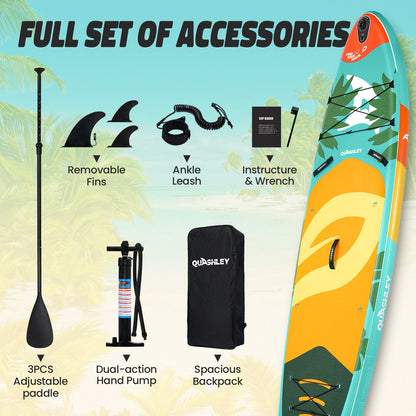 Quashley Colorful Plant Series Inflatable Paddle Board 11'x34"×6" Extra Wider Stand Up Paddle Board Stable Inflatable SUP with 10L Waterproof Bag,Pump,Paddle,3 Removable Fins and Portable Backpack