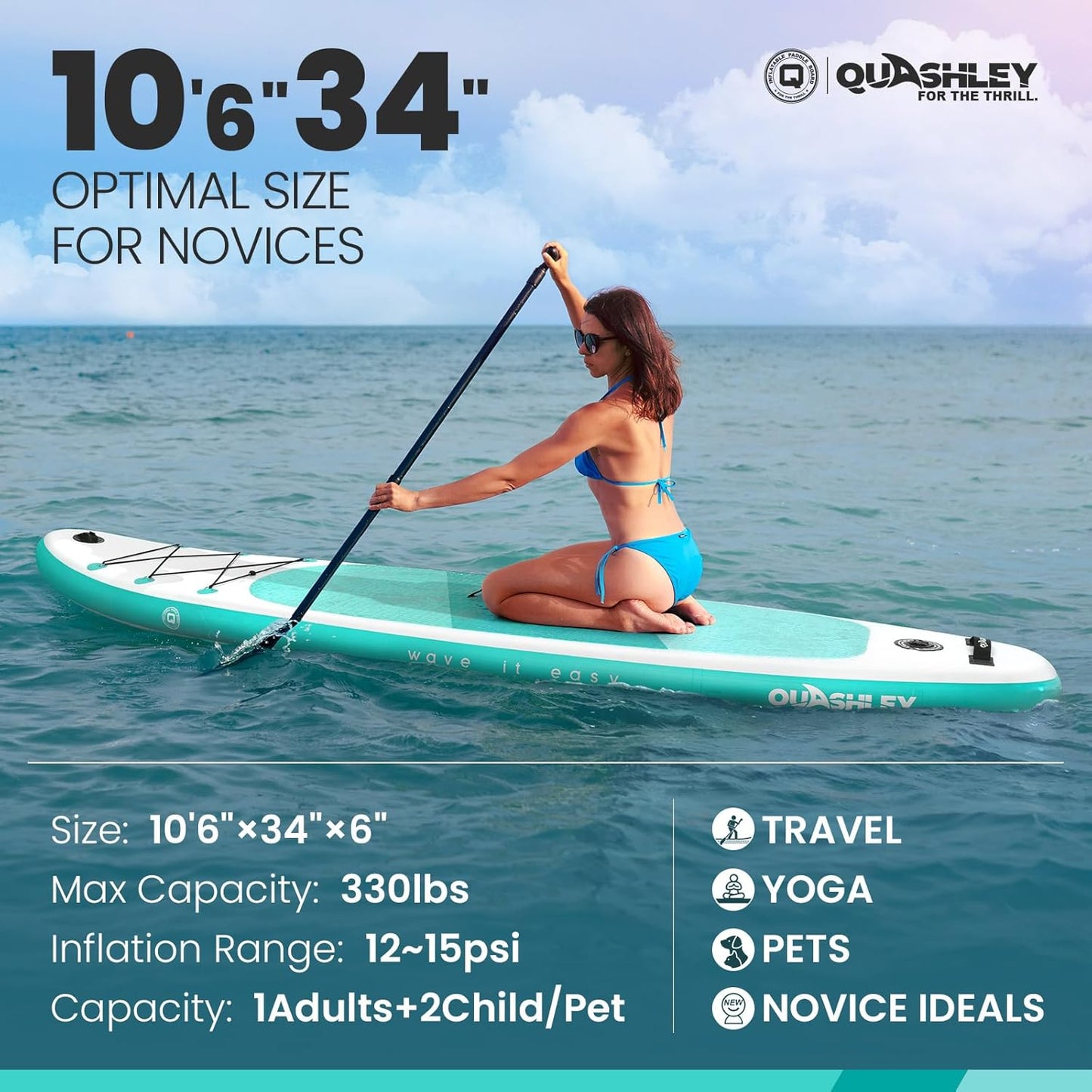 Quashley Classic Color Blocking Series All-Round 10.5'×34" Inflatable Stand Up Paddle Board Set(Blue)