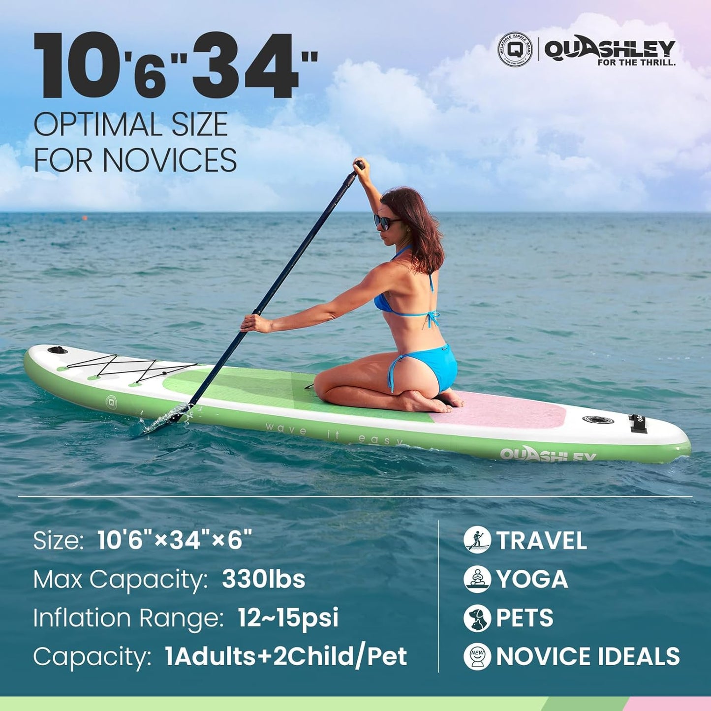Quashley Classic Color Blocking Series All-Round 10.5'×34" Inflatable Stand Up Paddle Board Set(Green)