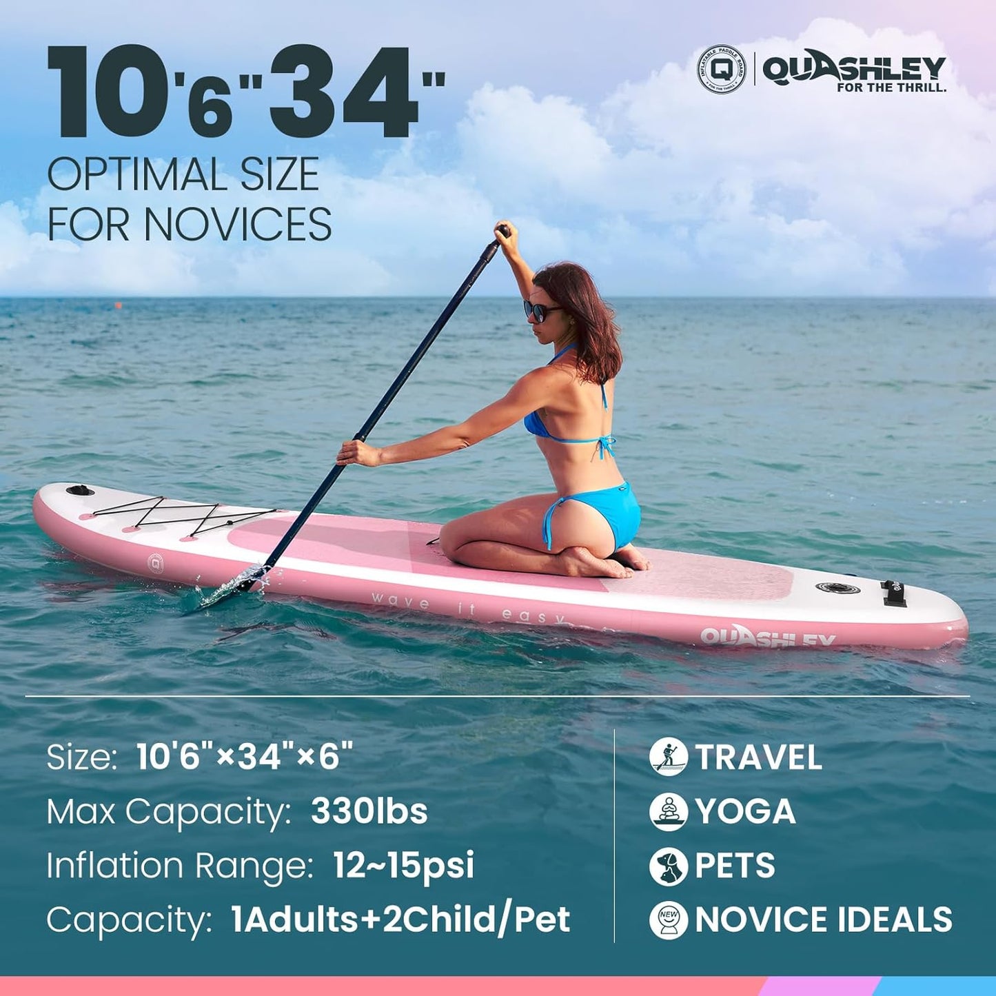 Quashley Classic Color Blocking Series All-Round 10.5'×34" Inflatable Stand Up Paddle Board Set(Pink)