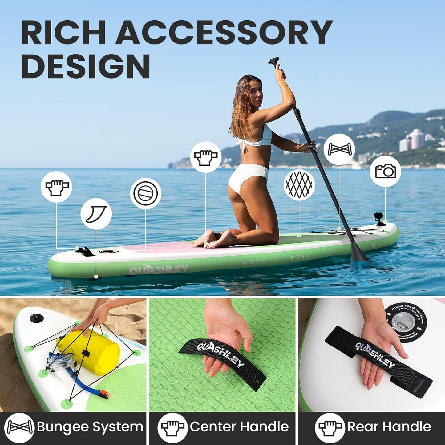 Quashley Classic Color Blocking Series All-Round 10.5'×34" Inflatable Stand Up Paddle Board Set(Green)