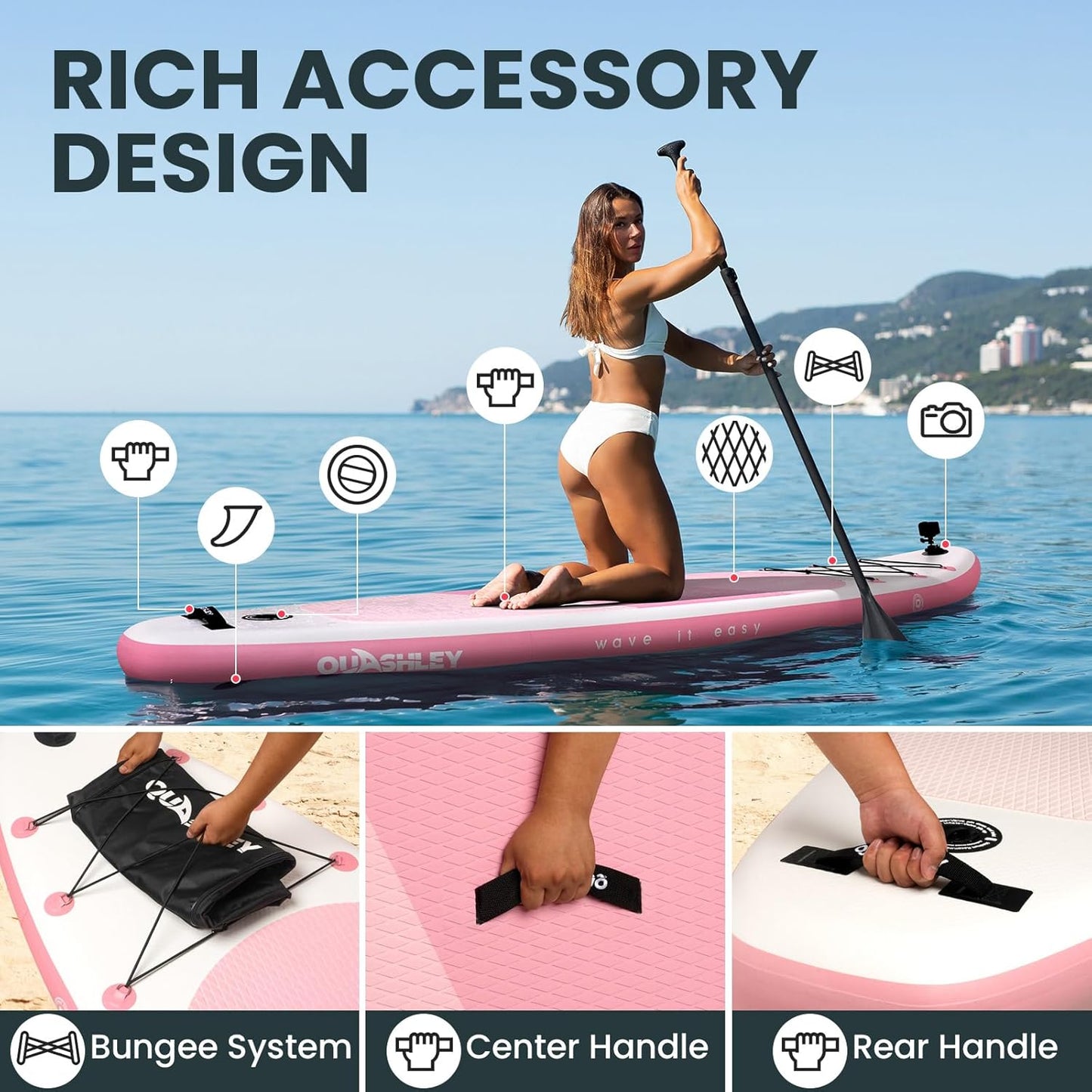 Quashley Classic Color Blocking Series All-Round 10.5'×34" Inflatable Stand Up Paddle Board Set(Pink)