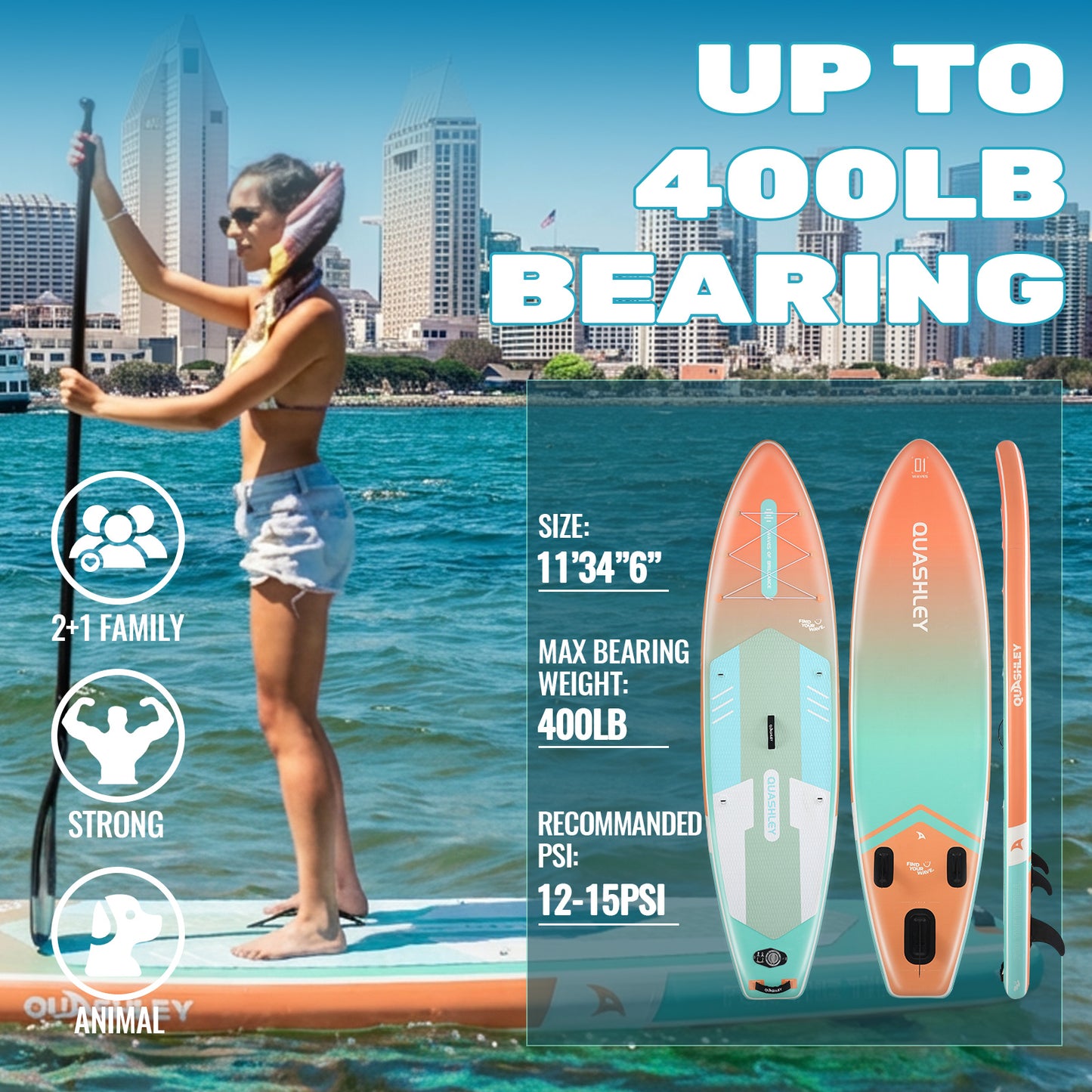 Quashley - Inflatable Paddle Board 11'×34" with All Premium Paddle Board Accessories,Inflatable SUP for Adults