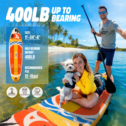 Quashley  Inflatable Paddle Board 11'x34"×6" Extra Wider Stand Up Paddle Board Stable Inflatable SUP with 10L Waterproof Bag,Pump,Paddle,3 Removable Fins and Portable Backpack
