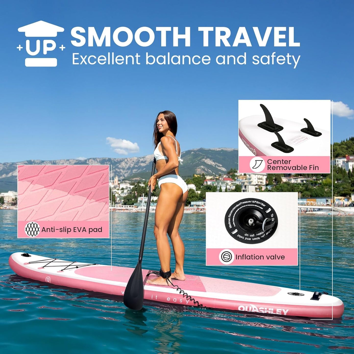 Quashley Classic Color Blocking Series All-Round 10.5'×34" Inflatable Stand Up Paddle Board Set(Pink)