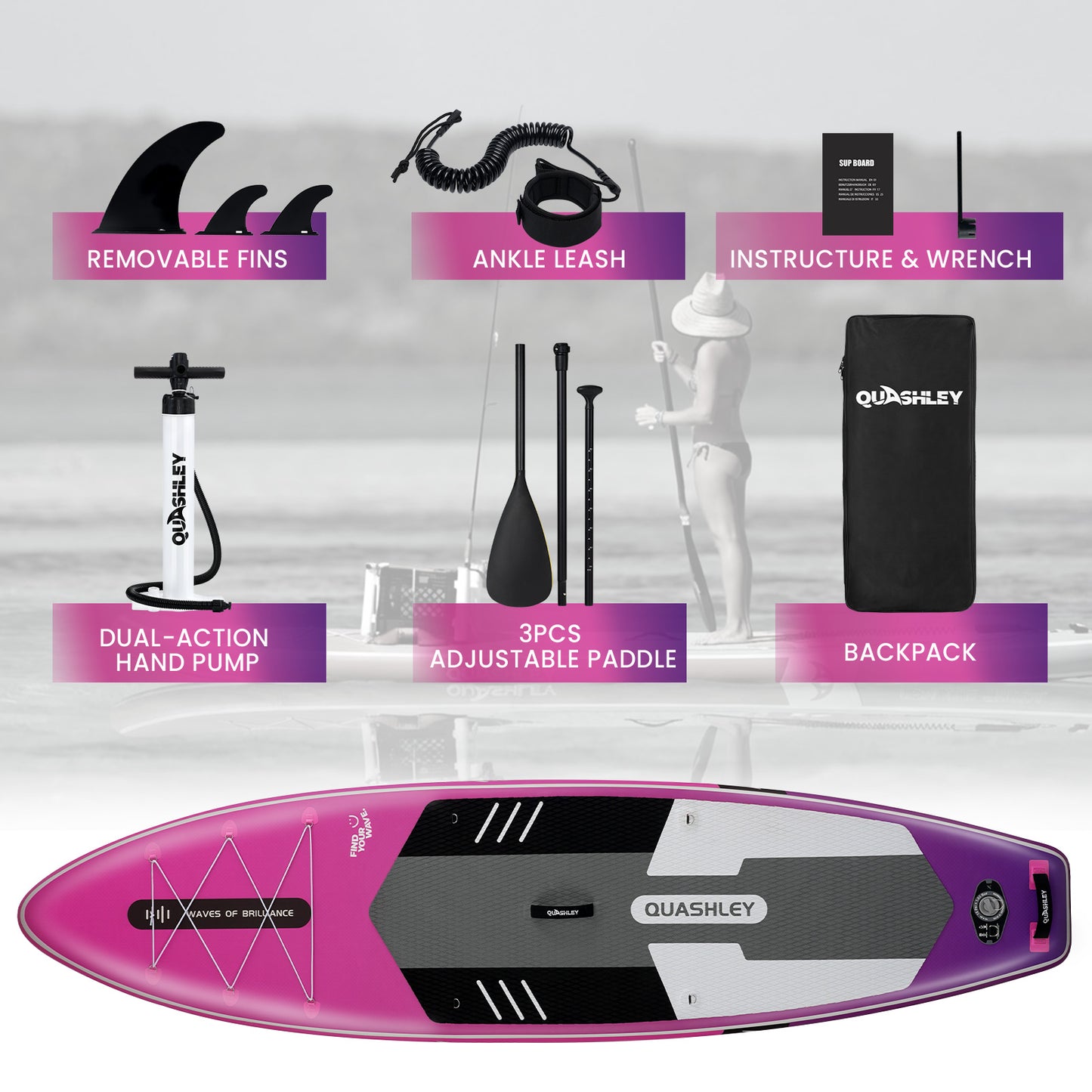 Quashley - Inflatable Paddle Board 11'×34" with All Premium Paddle Board Accessories,Inflatable SUP for Adults