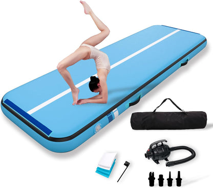 Premium  Inflatable Air Gymnastics Mat | 10ft/13ft/16ft/20ft L x3.3ft W x8" Thick Non-Slip Heavy-Duty Design for Gymnastics, Tumbling, Cheer, Yoga & Fitness | Home & Outdoor Training Equipment with Pump for Kids, Adults, Families