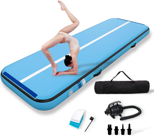Premium  Inflatable Air Gymnastics Mat | 10ft/13ft/16ft/20ft L x3.3ft W x8" Thick Non-Slip Heavy-Duty Design for Gymnastics, Tumbling, Cheer, Yoga & Fitness | Home & Outdoor Training Equipment with Pump for Kids, Adults, Families