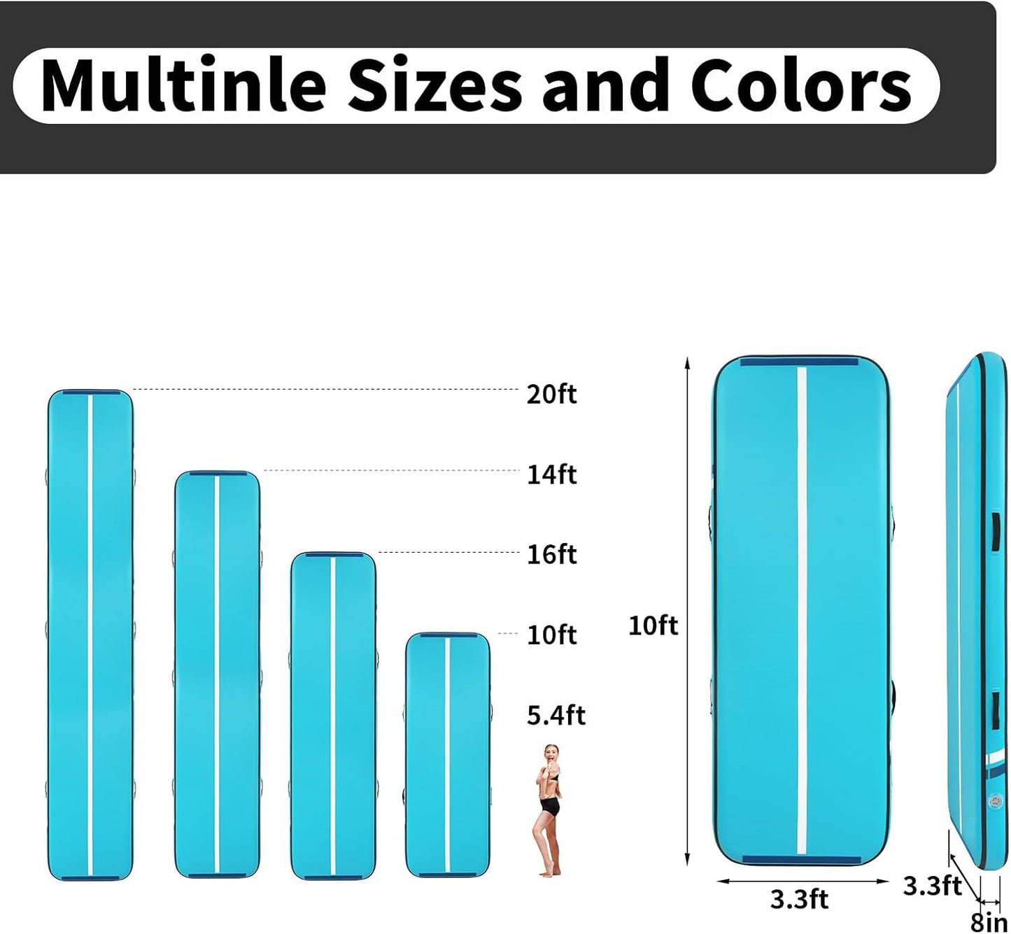Premium  Inflatable Air Gymnastics Mat | 10ft/13ft/16ft/20ft L x3.3ft W x8" Thick Non-Slip Heavy-Duty Design for Gymnastics, Tumbling, Cheer, Yoga & Fitness | Home & Outdoor Training Equipment with Pump for Kids, Adults, Families