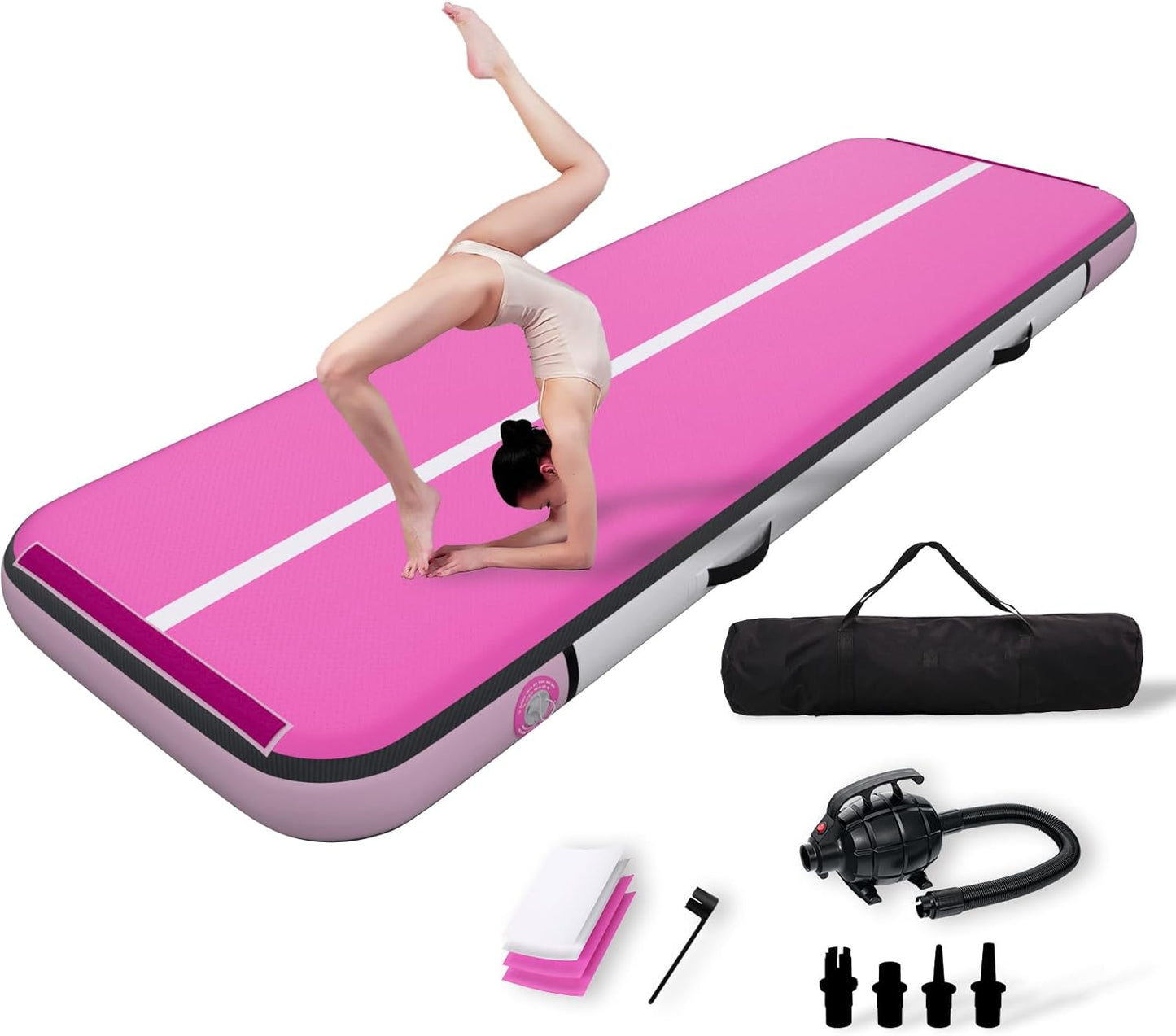 Premium  Inflatable Air Gymnastics Mat | 10ft/13ft/16ft/20ft L x3.3ft W x8" Thick Non-Slip Heavy-Duty Design for Gymnastics, Tumbling, Cheer, Yoga & Fitness | Home & Outdoor Training Equipment with Pump for Kids, Adults, Families