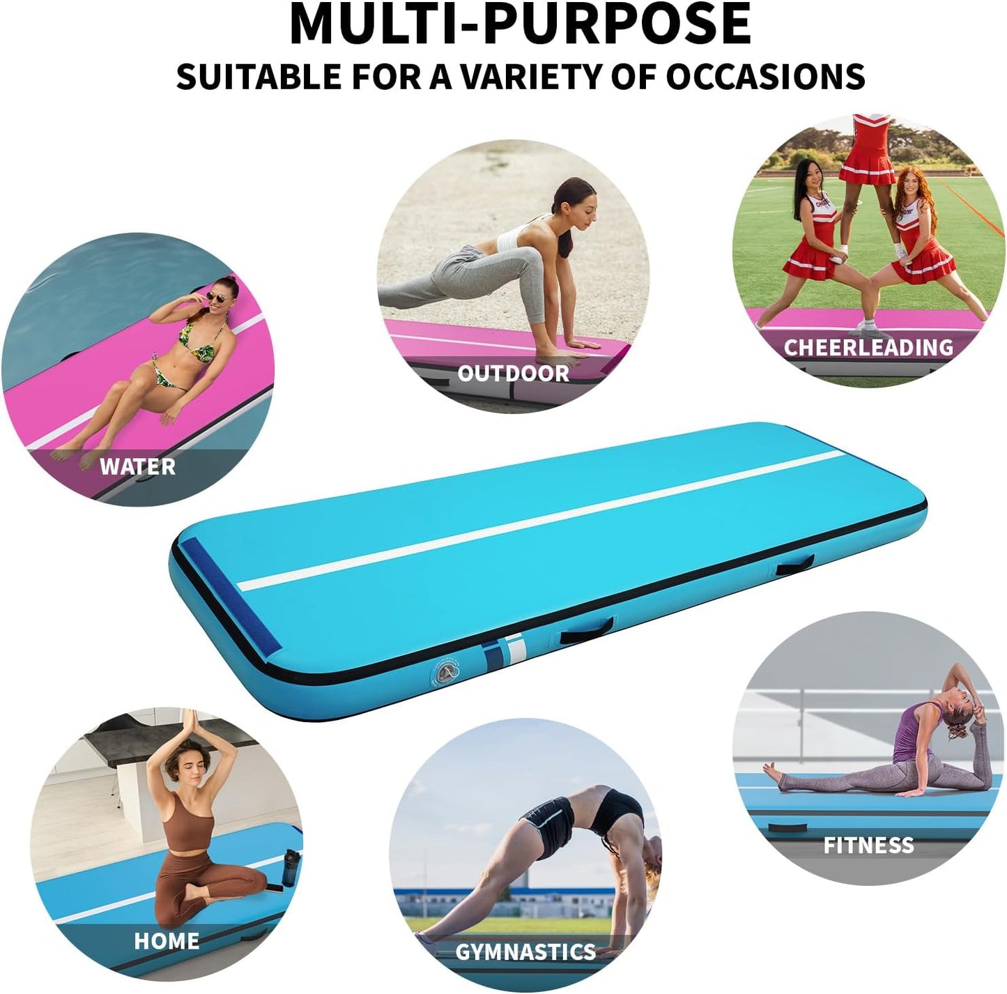 Premium  Inflatable Air Gymnastics Mat | 10ft/13ft/16ft/20ft L x3.3ft W x8" Thick Non-Slip Heavy-Duty Design for Gymnastics, Tumbling, Cheer, Yoga & Fitness | Home & Outdoor Training Equipment with Pump for Kids, Adults, Families