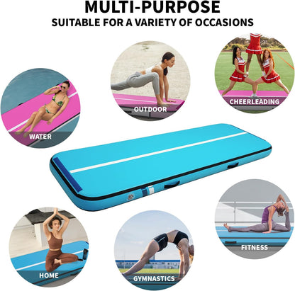 Premium  Inflatable Air Gymnastics Mat | 10ft/13ft/16ft/20ft L x3.3ft W x8" Thick Non-Slip Heavy-Duty Design for Gymnastics, Tumbling, Cheer, Yoga & Fitness | Home & Outdoor Training Equipment with Pump for Kids, Adults, Families