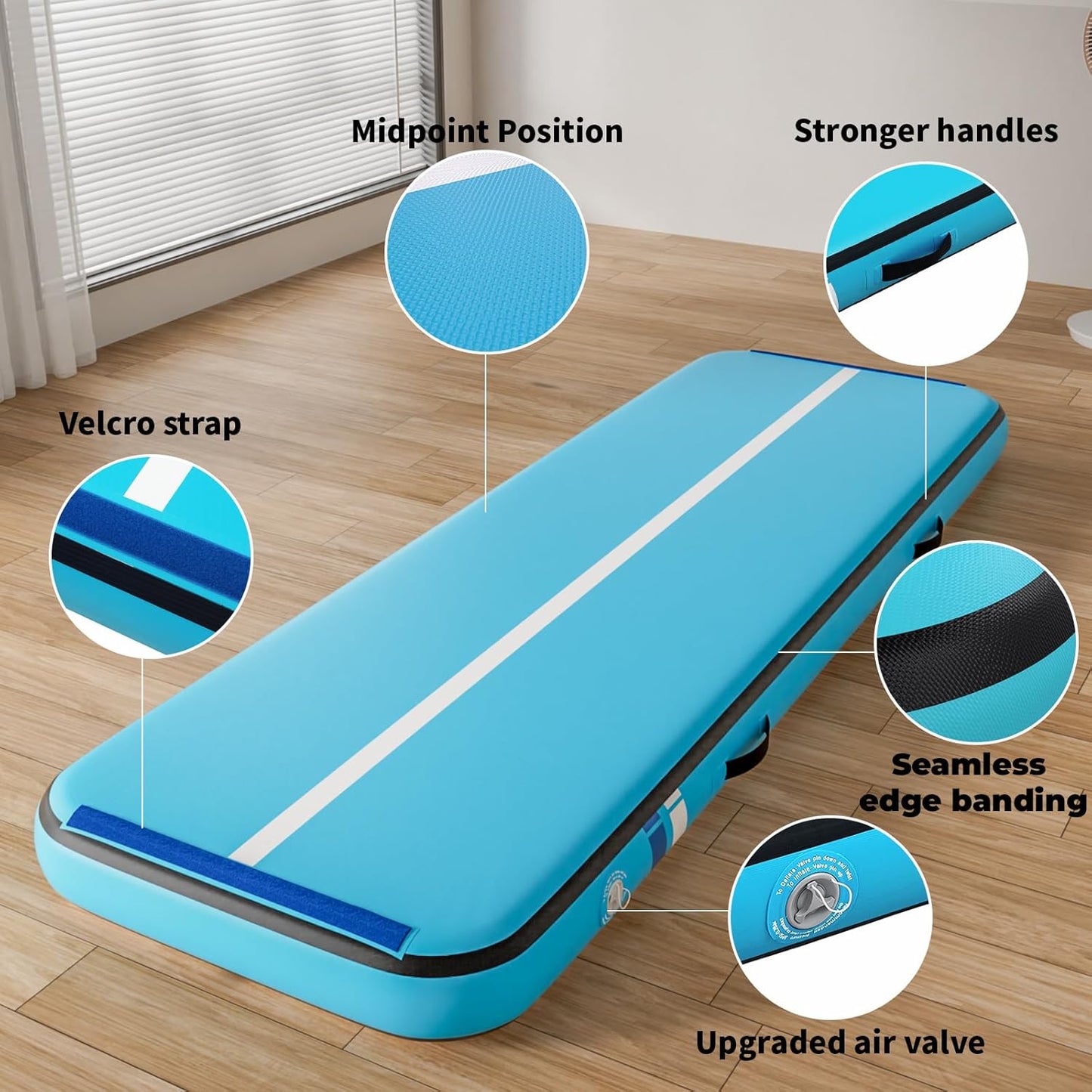 Premium  Inflatable Air Gymnastics Mat | 10ft/13ft/16ft/20ft L x3.3ft W x8" Thick Non-Slip Heavy-Duty Design for Gymnastics, Tumbling, Cheer, Yoga & Fitness | Home & Outdoor Training Equipment with Pump for Kids, Adults, Families